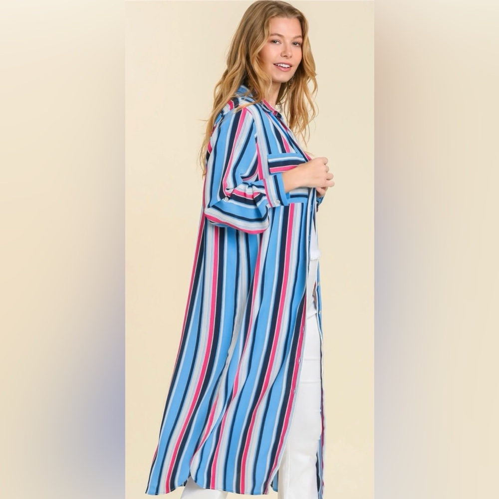 Umgee Blue and Pink Striped Midi Dress
